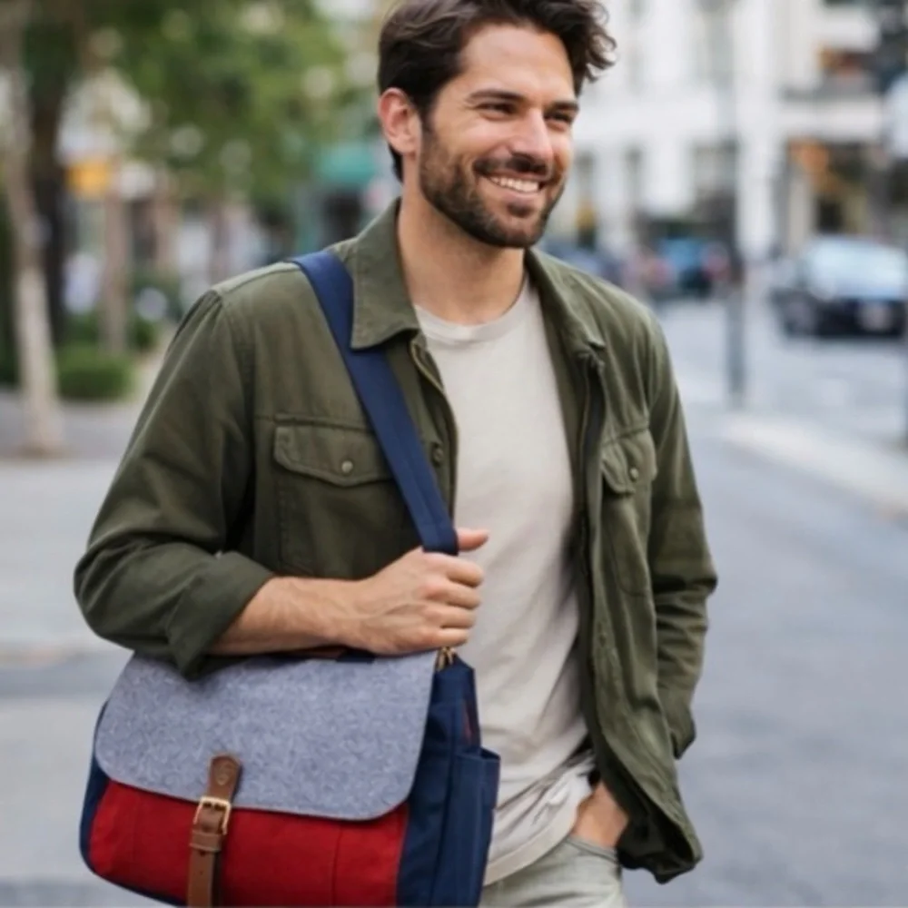 WB Felt Canvas Messenger Bag Warner Bros Navy Red Adjustable Strap Crossbody